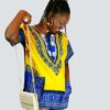 Blouse africaine DASHIKI Très jolie  blouse africaine DASHIKI  mixte. Convient à homme comme femme. Le motif 100% Ethiopien le rend unique et original. Deux poches présentes sur les cotés. Taille : L Composition: 100% Coton Couleur : Jaune et bleu ENTRETIEN : Le tissu WAX se lave à basse température (entre 30 et 40°) . Le nettoyage à la main est à privilégier. Nos tissus sont 100% COTON pour les tissus WAX, KENTE, BOGOLAN. Certains tissus plus communs peuvent être mélangés (polaire, doudou, minky, polyester, lycra; soie, ect...); dans ce cas la composition de l'article mentionnera la présence du tissu. haut vêtement femme wax africain tissu ankara. haut wax femme moderne crop top wax haut africain femme haut wax moderne vêtements wax femme tunique wax femme blouse wax femme chemise wax femme