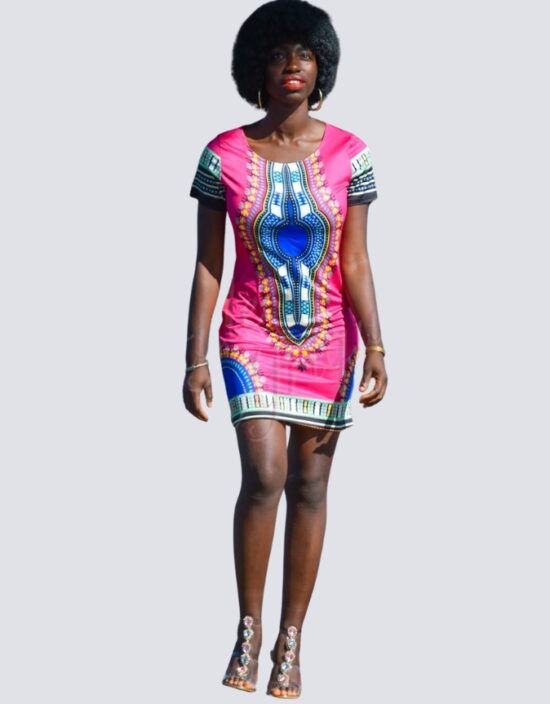 Robe DASHIKI rose, robe droite DASHIKI extensible africain