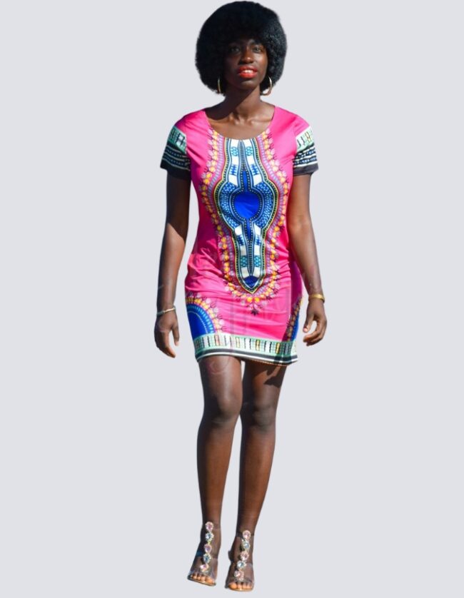 Robe DASHIKI rose, robe droite DASHIKI extensible africain