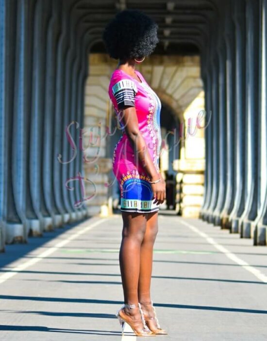 Robe DASHIKI rose, robe droite DASHIKI extensible africain