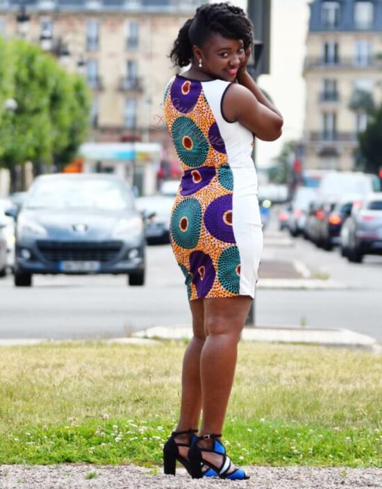 Robe bi-matières zoé, robe droite extensible et WAX africain juste au corps
