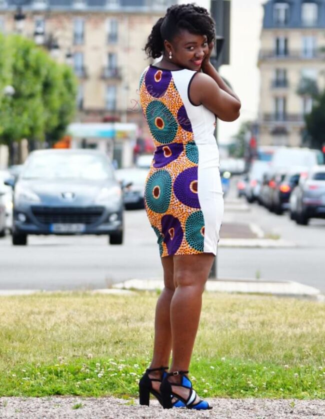 Robe bi-matières zoé, robe droite extensible et WAX africain juste au corps