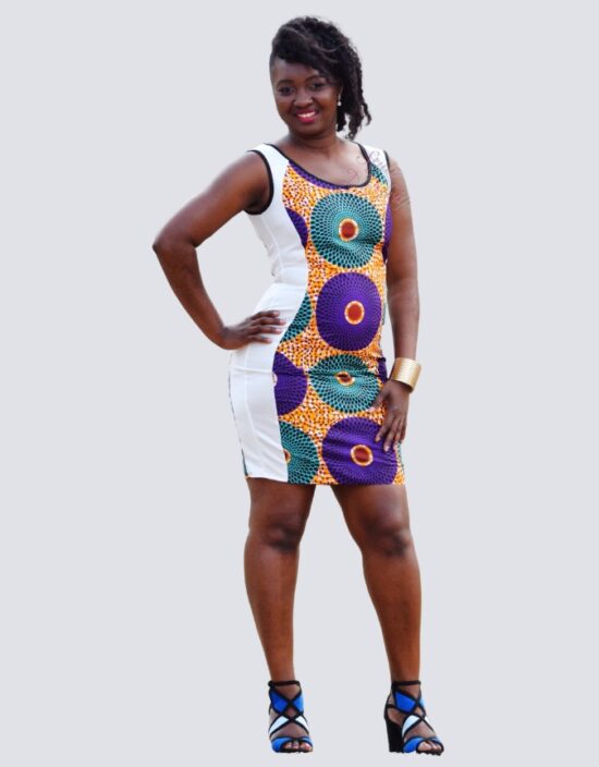 Robe bi-matières zoé, robe droite extensible et WAX africain juste au corps
