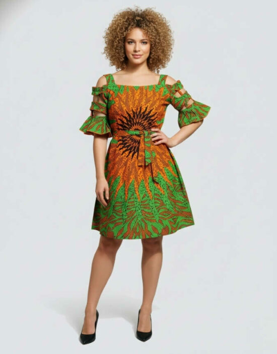 Robe été évasée verte, robe évasée wax africain femme. robe courte été wax africain bohème chic femme, robe de bal, robe été, robe de cérémonie femme, robe longue fleurie