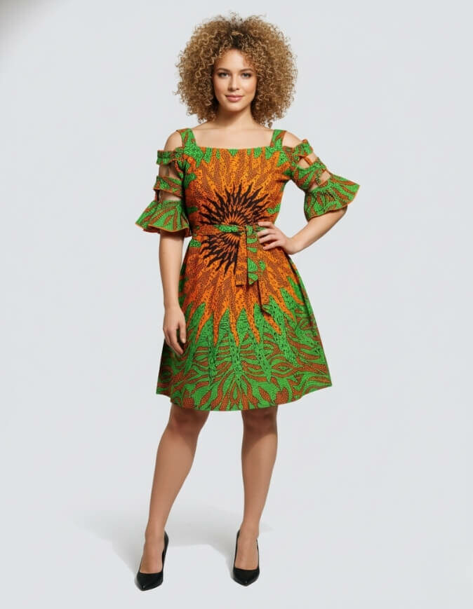 Robe été évasée verte, robe évasée wax africain femme. robe courte été wax africain bohème chic femme, robe de bal, robe été, robe de cérémonie femme, robe longue fleurie
