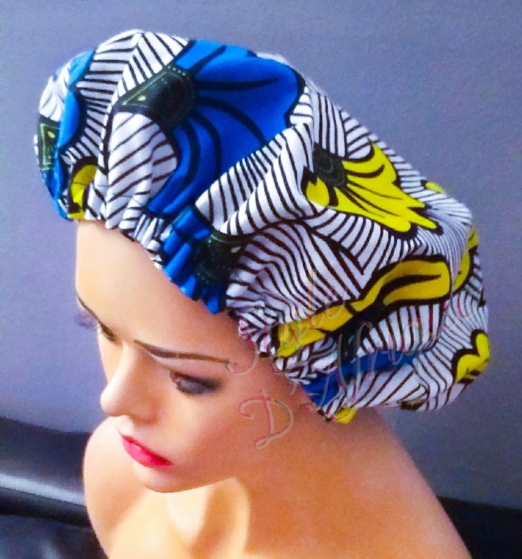 Bonnet grande taille en wax et satin bleu réversible :  accessoires-accessoires-pour-cheveux par mywawaxboutique