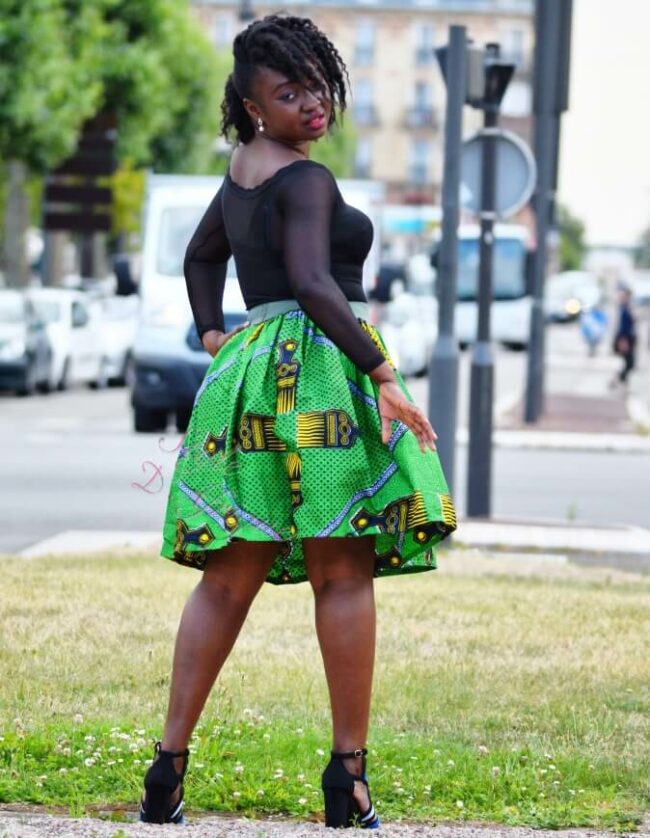 Jupe verte en WAX, Jupe plissée à fermeture, jupe midi africaine wax pagne pour femme fleuri été jupe africaine moderne ethnique