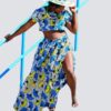 Ensemble fleurs de mariage bleu, jupe midi africaine wax pagne pour femme fleuri été, foulard de tête, chapeau de tête, bandana,