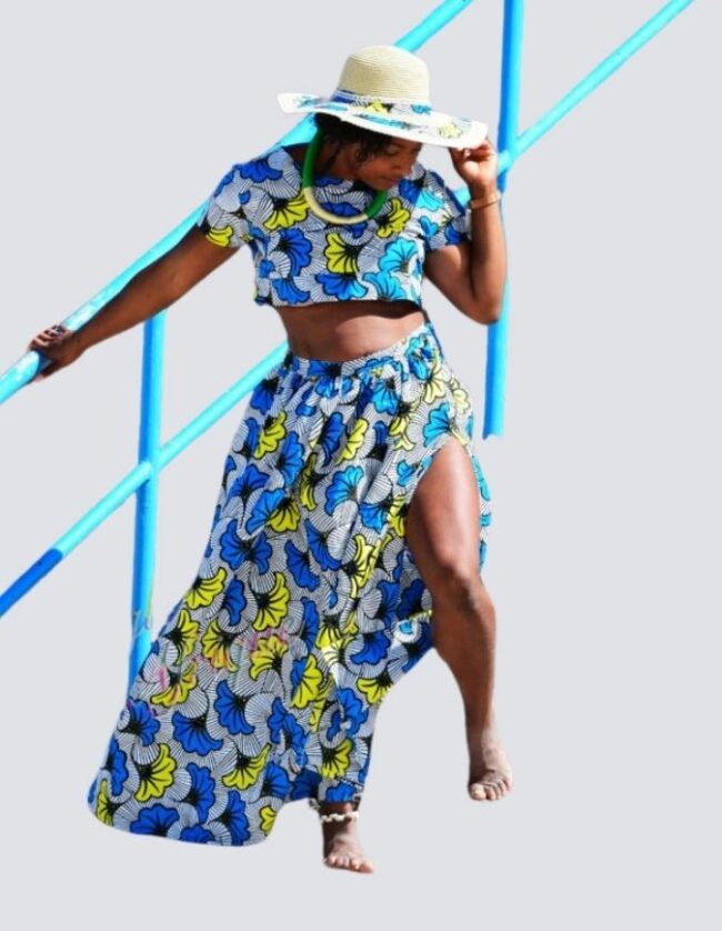 Ensemble fleurs de mariage bleu, jupe midi africaine wax pagne pour femme fleuri été, foulard de tête, chapeau de tête, bandana,