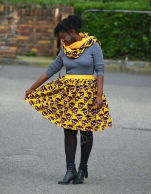 Jupe et snood orange, jupe midi africaine wax pagne pour femme fleuri été