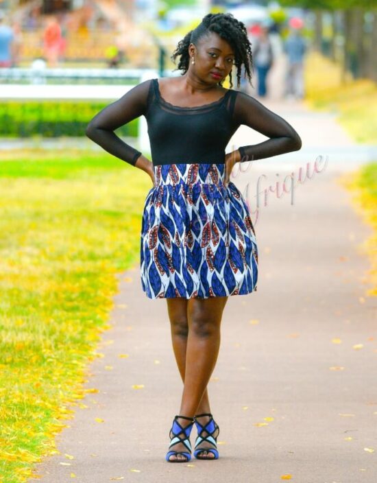 Jupe Louane bleue, mini jupe plissée, jupe midi africaine wax pagne pour femme fleuri été