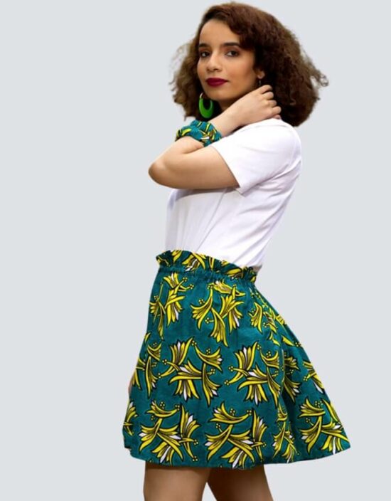 Jupe Lulu à pétales verte, wax africain wax jupe patineuse évasée wax africain femme. jupe patineuse wax africaine ethnique jupe midi africaine wax pagne pour femme fleuri été