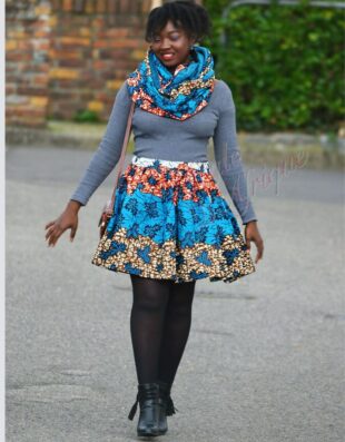 Jupe et snood bleu, jupe midi africaine wax pagne pour femme fleuri été
