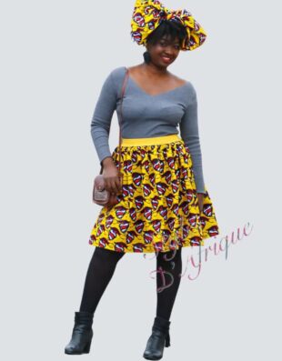 Jupe et snood orange, jupe midi africaine wax pagne pour femme fleuri été