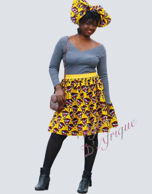 Jupe et snood orange, jupe midi africaine wax pagne pour femme fleuri été