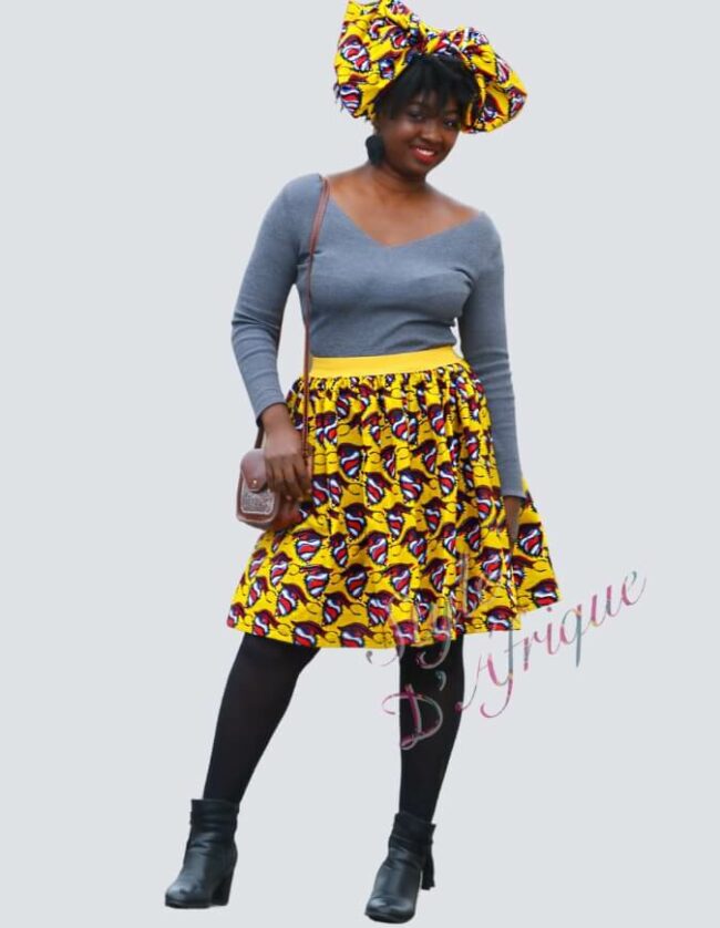 Jupe et snood orange, jupe midi africaine wax pagne pour femme fleuri été