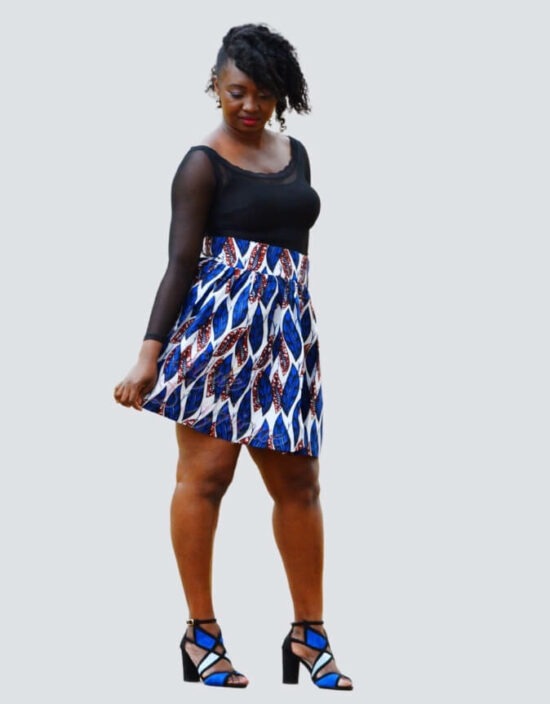 Jupe Louane bleue, mini jupe plissée, jupe midi africaine wax pagne pour femme fleuri été