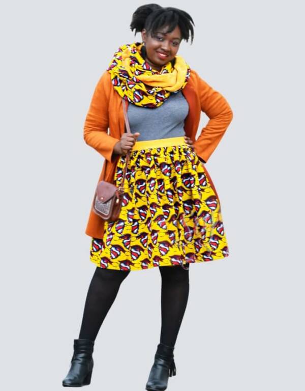 Jupe et snood orange, jupe midi africaine wax pagne pour femme fleuri été
