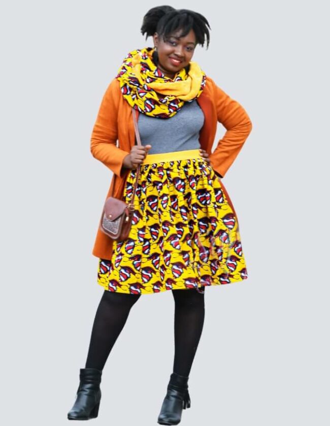 Jupe et snood orange, jupe midi africaine wax pagne pour femme fleuri été