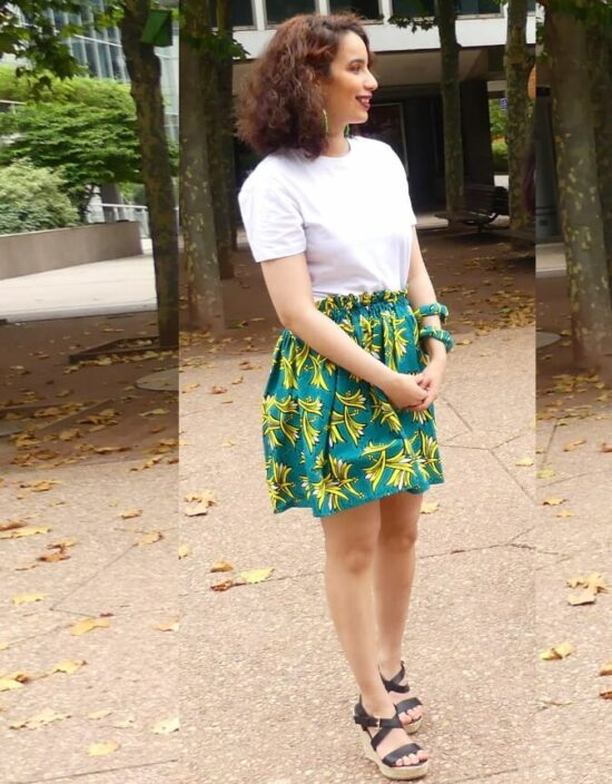 Jupe Lulu à pétales verte, wax africain wax jupe patineuse évasée wax africain femme. jupe patineuse wax africaine ethnique jupe midi africaine wax pagne pour femme fleuri été
