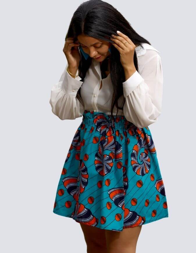 Jupe Larie bleue orange wax jupe patineuse évasée wax africain femme. jupe patineuse wax africaine ethnique jupe midi africaine wax pagne pour femme fleuri été