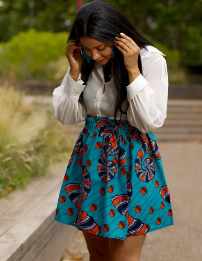 Jupe Larie bleue orange wax jupe patineuse évasée wax africain femme. jupe patineuse wax africaine ethnique jupe midi africaine wax pagne pour femme fleuri été
