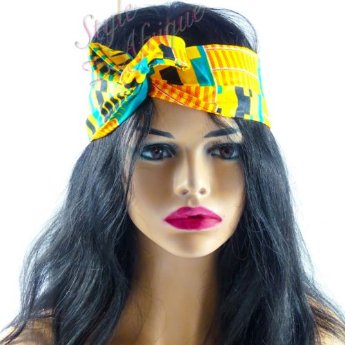 Très beau headband articulé KENTE serre-tête bandeau de couleur jaune semi rigide. Bandeau en tissu africain idéal cadeau femme