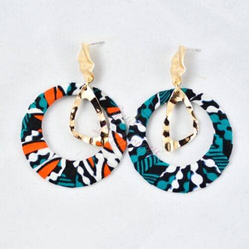 boucles d'oreilles anneaux en tissu africain ethnique en wax bleu