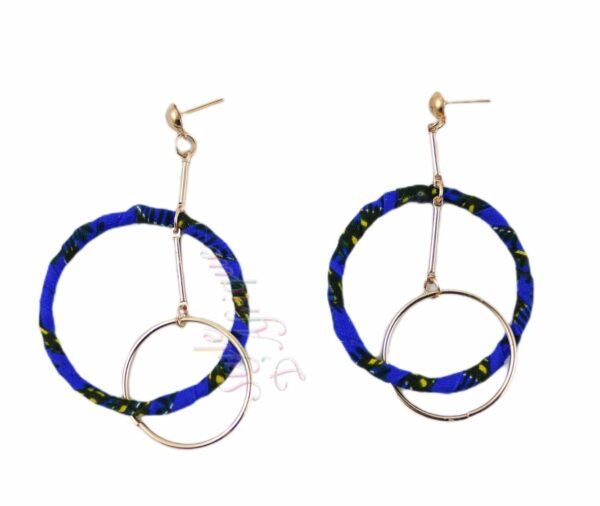 Créoles 2 anneaux bleus en  WAX tissu ethnique coloré