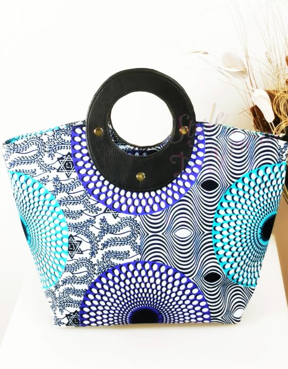 Sac disque wax bleu africain ethnique tribal idée cadeau tissu avec anse