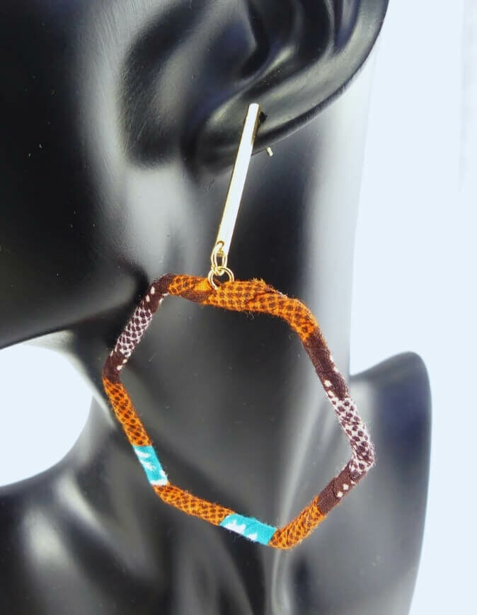 boucles d'oreilles anneaux en tissu africain ethnique en wax bleu