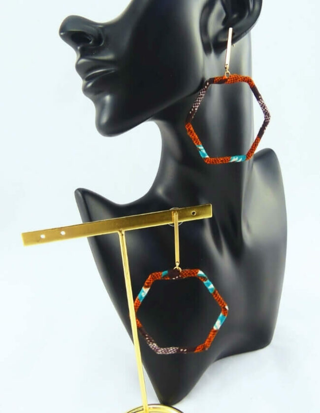 boucles d'oreilles anneaux en tissu africain ethnique en wax bleu