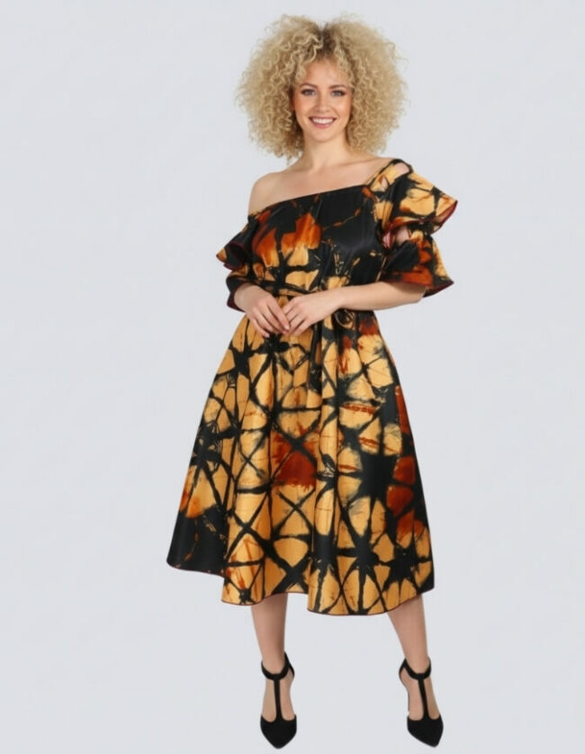 Robe Rosette évasée bazin africain wax coton