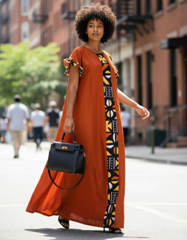 robe longue boubou robe tunique bogolan orange caftan africain en wax