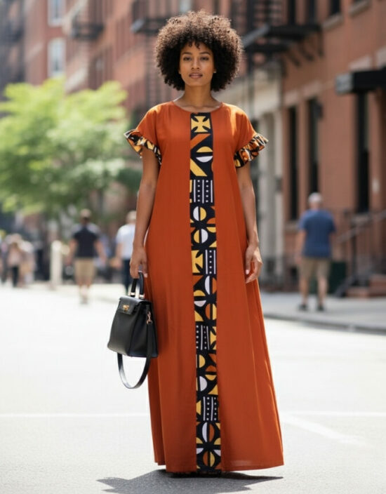 robe longue boubou robe tunique bogolan orange caftan africain en wax