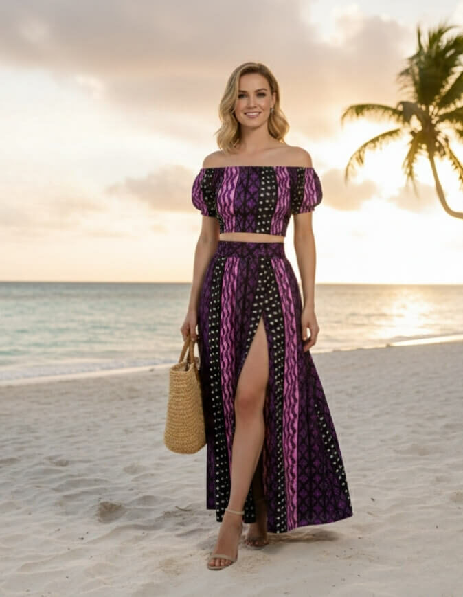 Ensemble Sonia violet en wax africain coton pour femme jupe et croptop extensible manches ballons
