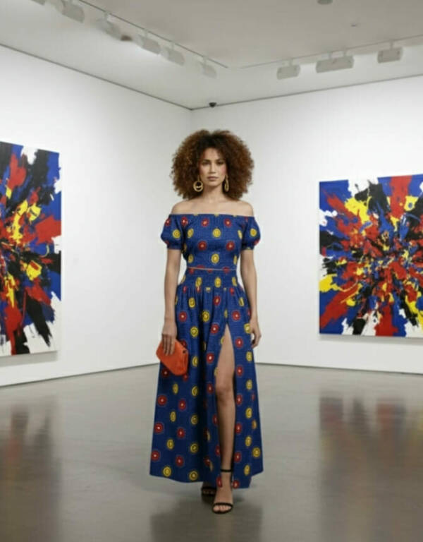 ensemble Sonia bleu en wax africain coton pour femme jupe et croptop extensible manches ballons