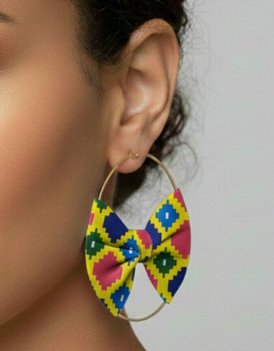 boucles d'oreilles nœud jaune créoles en  WAX tissu ethnique coloré