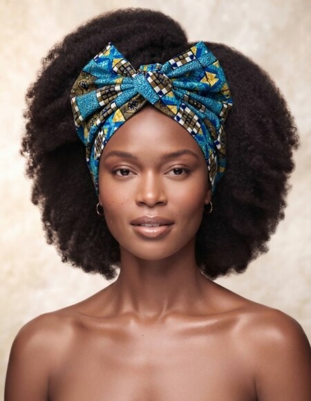 Turban Cassy bogolan bleu turban africain wax articulé