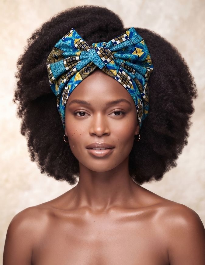 Turban Cassy bogolan bleu turban africain wax articulé