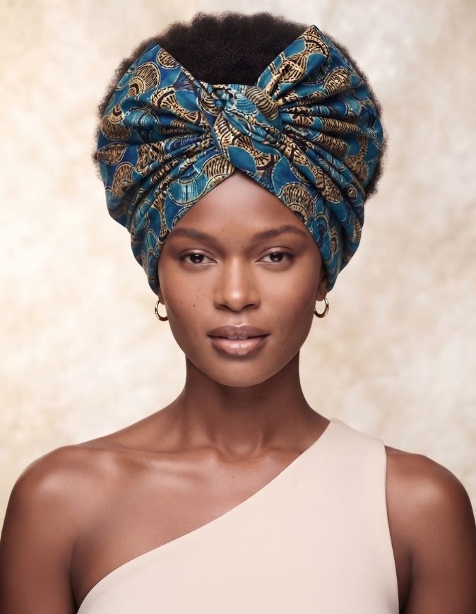 Turban Cassy bogolan bleu turban africain wax articulé