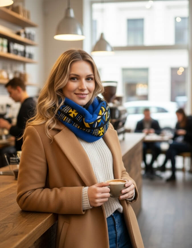 Femme portant un snood bogolan bleu et jaune doublé en polaire doudou