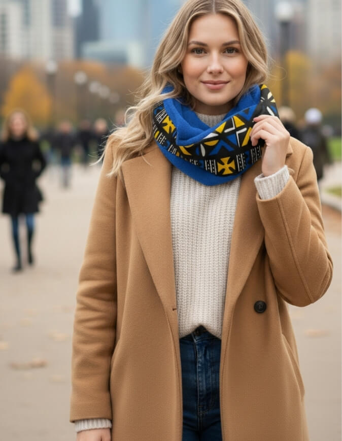 Femme portant un snood bogolan bleu et jaune doublé en polaire doudou