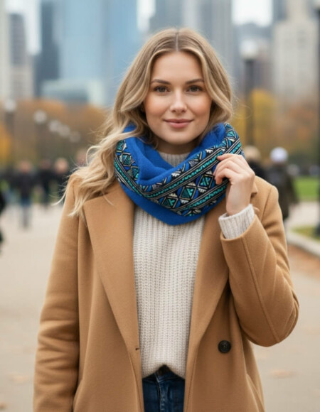 Femme portant un snood bogolan turquoise doublé en polaire doudou