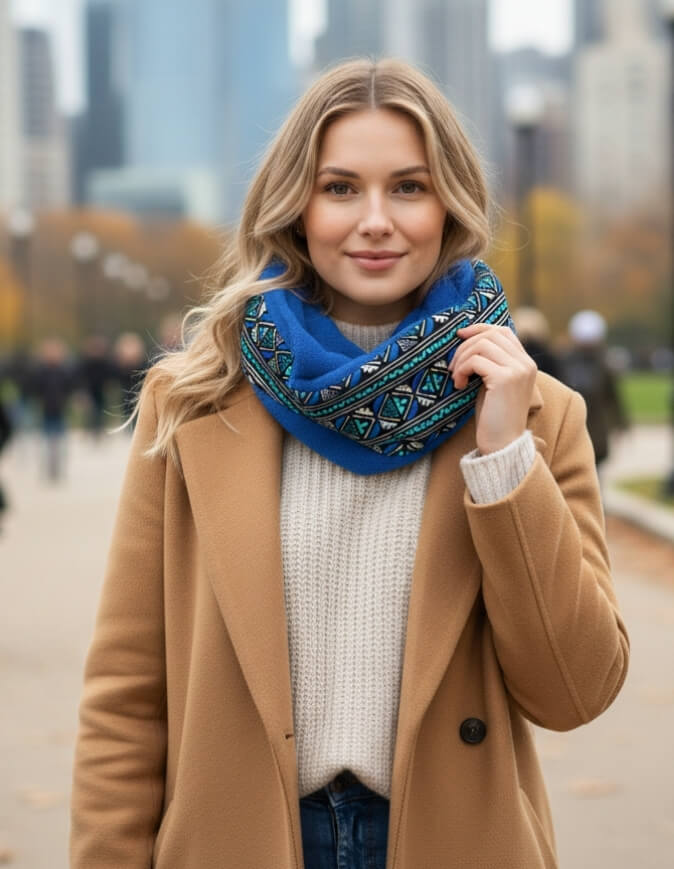 Femme portant un snood bogolan turquoise doublé en polaire doudou
