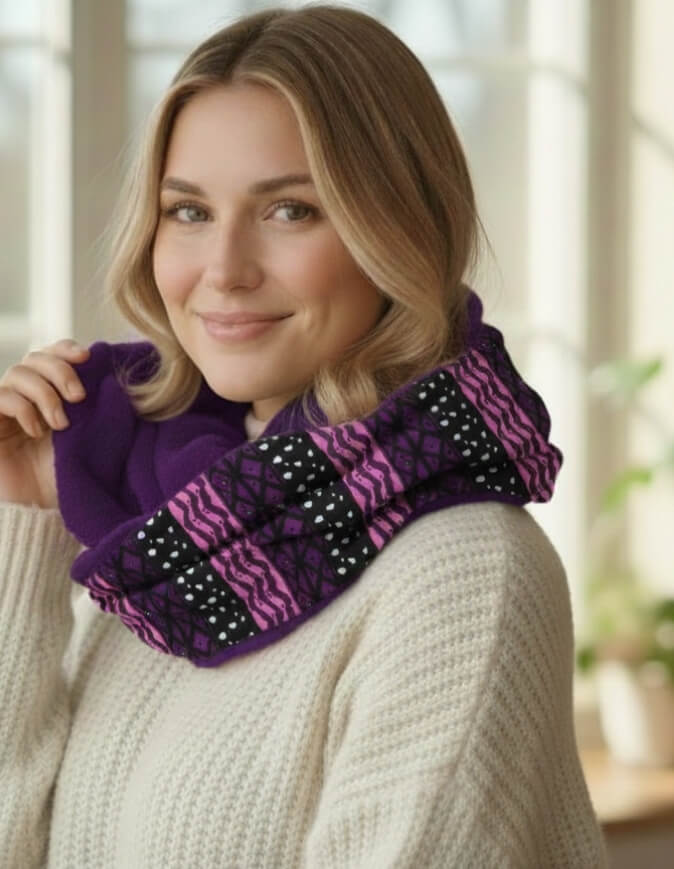 Femme portant un snood bogolan violet doublé en polaire doudou