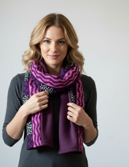 Femme portant un snood bogolan violet doublé en polaire doudou