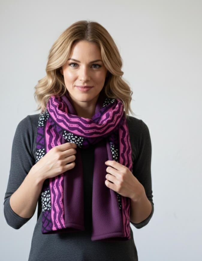 Femme portant un snood bogolan violet doublé en polaire doudou