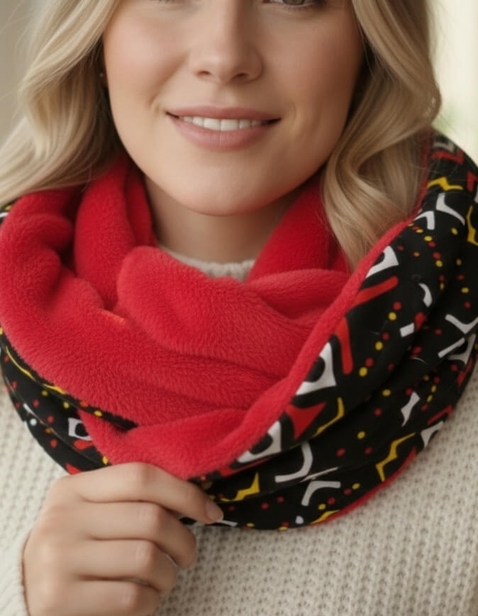 Femme portant un snood bogolan rouge doublé en polaire doudou