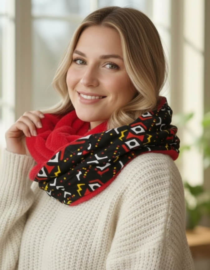 Femme portant un snood bogolan rouge doublé en polaire doudou
